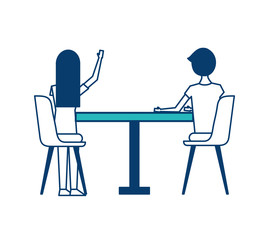 Fototapeta premium couple sitting on the chairs and table at view from the back vector illustration green and blue design