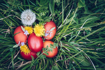 Red easter eggs on the grass with flowers and blowballs, spring holidays concept, naturally colored easter eggs with onion husks. Happy Easter, Christian religious holiday.