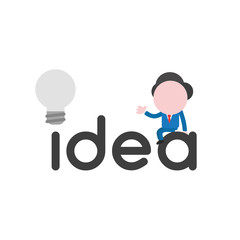 Vector illustration businessman character sitting on idea word with grey light bulb