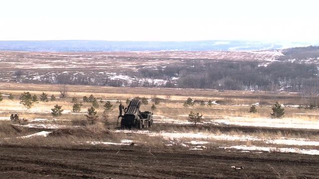 Russian rocket launch system Uragan shoots