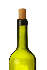 Green bottle of wine with cork isolated on white
