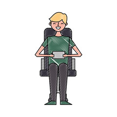 smiling young man sitting in the chair with mobile in hands vector illustration