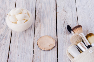 Women's cosmetics. Diagonal arrangement. Flat lie. White style. Mockup.