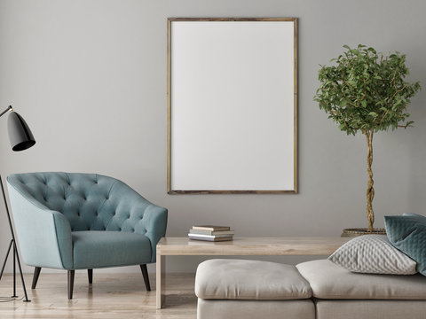 Mock up poster, Living room Scandinavian concept, 3d render, 3d illustration