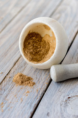 White mortar and pestle of marble on a white background.