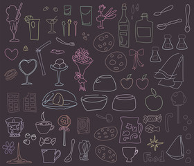 multicolored chalk drawings on a blackboard food, dishes, desserts isolated on white background set