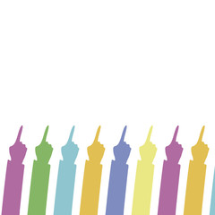 bright colored lot of hands with index fingers pointing up isolated on white background