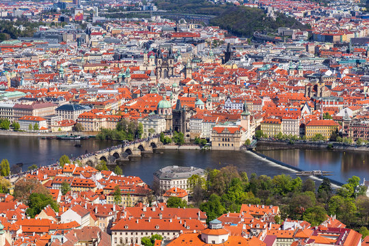 Skyline view panorama of Charles bridge (Karluv Most) with Old Town in Prague. Czech Republic