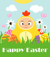 Easter background with boy in costume chicken