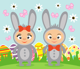 Obraz na płótnie Canvas Easter background with girl and boy in costume rabbits