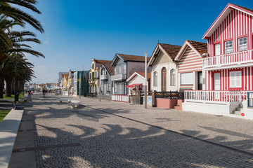 Typical colorful fishing houses of Aveiro, Idanha a nova, district of Aveiro. Portugal. Also known as the Portuguese Venice for its canals