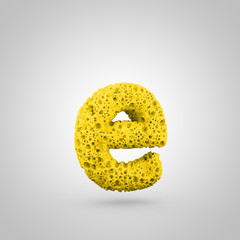 Yellow sponge letter E lowercase isolated on white background.