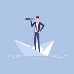 Young businessman floating on a paper boat and looking at the spyglass vector flat illustration. Business concept search of opportunity and risk.