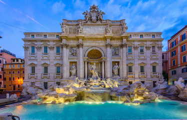 Night view of Rome Trevi Fountain (Fontana di Trevi) in Rome, Italy. Trevi is most famous fountain of Rome. Architecture and landmark of Rome - obrazy, fototapety, plakaty