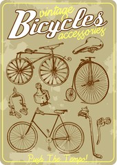 Bicycle and accessories vintage vector illustration collection in retro old poster style