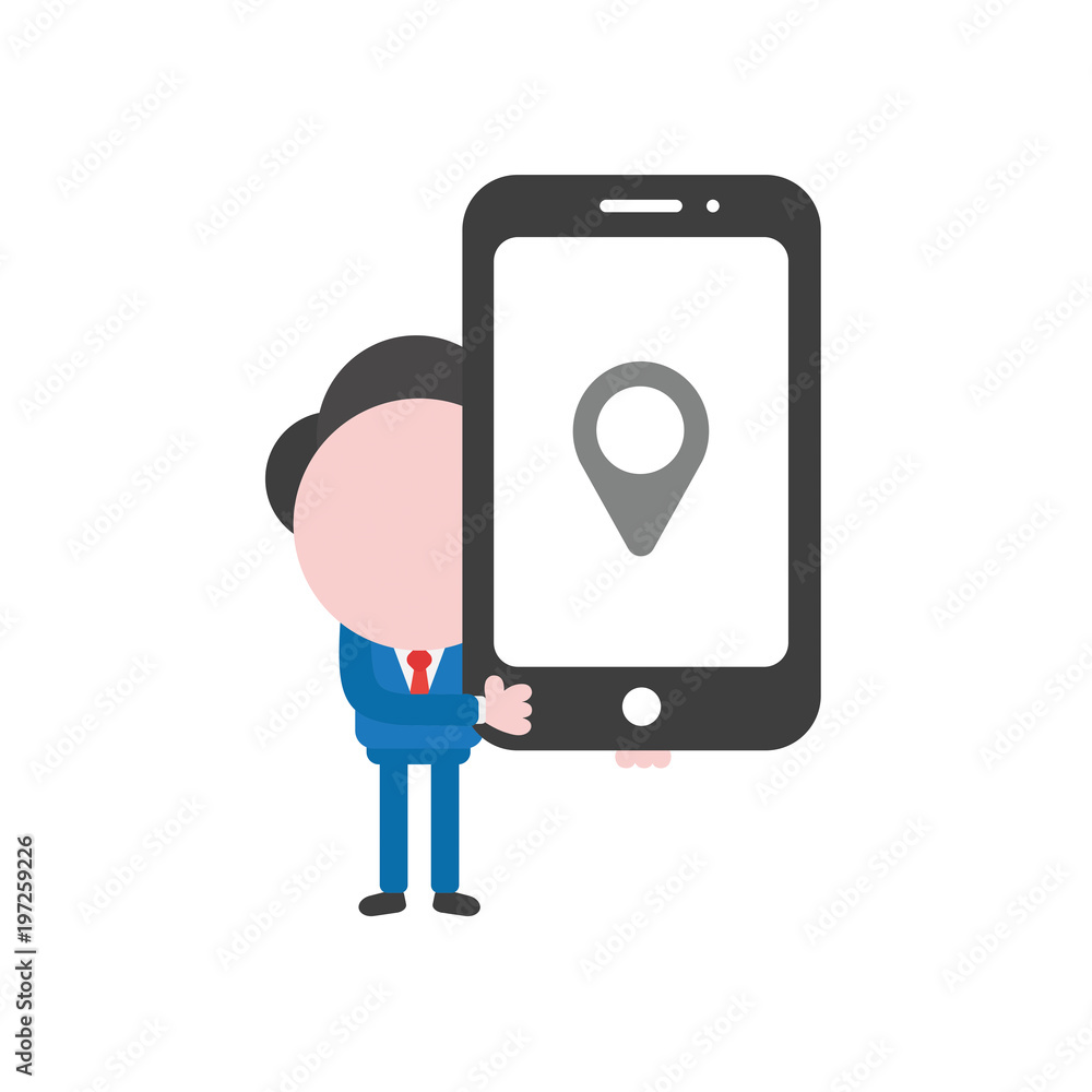 Poster vector illustration businessman character holding smartphone with map pointer
