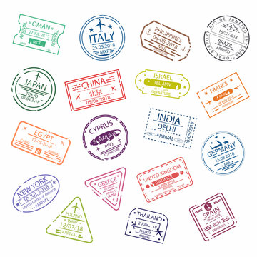 Passport stamp or visa signs for entry to the different countries. International Airport symbols