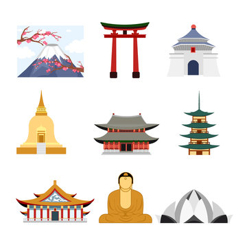 Vector illustration set of travel Asia with Asia famous buildings,, volcano and Buddha statue icons, travel concept in flat style.