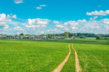 Rustic summer landscape. Village wooden houses, dirt road in green field in summer.