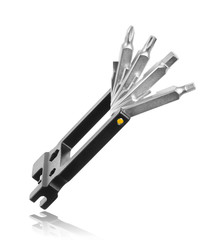 Modern steel travel cycling repair kit close-up isolated on white background