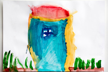 Children's drawing and color pencils top view