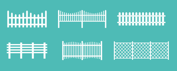 Vector illustration set of white rural wooden fences, silhouettes fence for garden and house concepts, flat cartoon style.