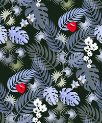 Tropical seamless pattern with palm leaf and flowers for textile texture.