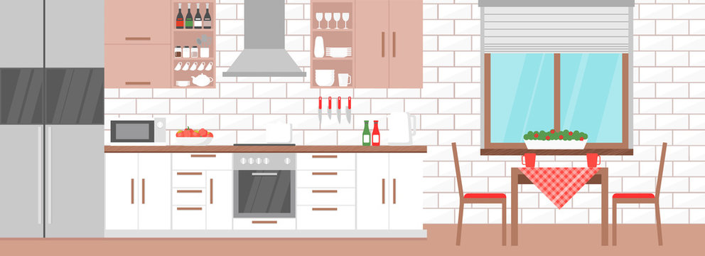 Vector illustration of modern kitchen interior with table, stove, cupboard, dishes in light colors, flat design.