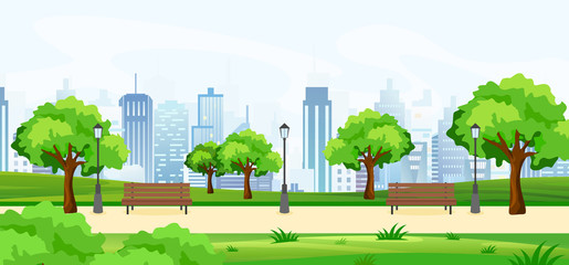 Vector illustration of a beautiful summer park, with green trees and benches, panoramic view on big modern cityscape with skyscrapers. Flat cartoon style. - obrazy, fototapety, plakaty