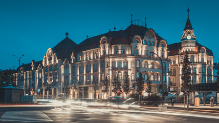 Fototapeta na wymiar Illuminated hotel in Oradea, Romania