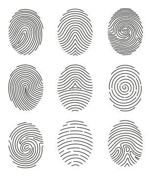 Vector illustration set of different shape fingerprint in line style on white background.