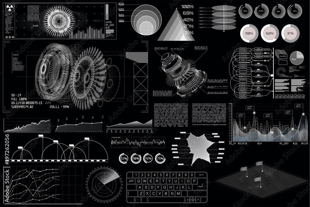 Poster HUD UI. future engineering.  Vector illustration with circles and geometric parts of the mechanism. Future design.Technology elements: engine, mechanisms, hologram, dashboard, interface in HUD style. 