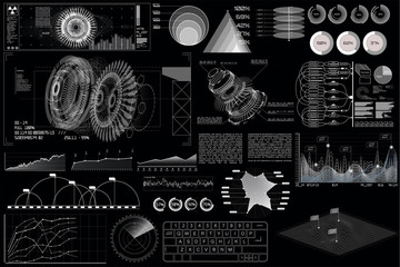 HUD UI. future engineering.  Vector illustration with circles and geometric parts of the mechanism. Future design.Technology elements: engine, mechanisms, hologram, dashboard, interface in HUD style.  - obrazy, fototapety, plakaty