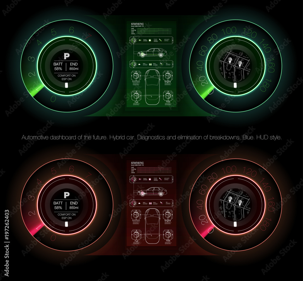 Aufkleber automotive dashboard of the future. hybrid car. diagnostics and elimination of breakdowns. blue. hud
