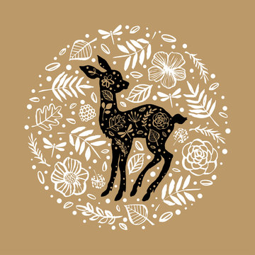 Silhouette Of Little Baby Deer, Fawn In The Flower Pattern Circle. Hand Drawn Design Elements. Vector Illustration. Nursery Scandinavian Art.