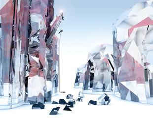 Persone che si arrampicano su un cristallo gigante, mondo fantastico. Paesaggio fantascientifico. 3d rendering © Naeblys
