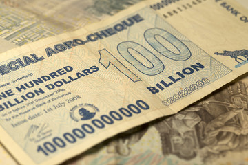 Unique Zimbabwe hyperinflation Banknote one hundred billion Dollars in the Detail, 2008
