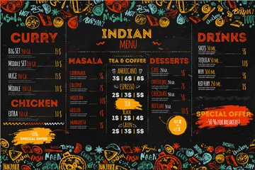 Fotobehang Hand drawn Indian food menu design with rough sketches and lettering. Can be used for banners, promo © alenast