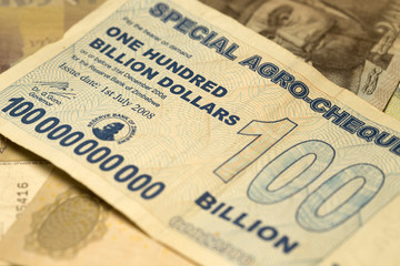 Unique Zimbabwe hyperinflation Banknote one hundred billion Dollars in the Detail, 2008