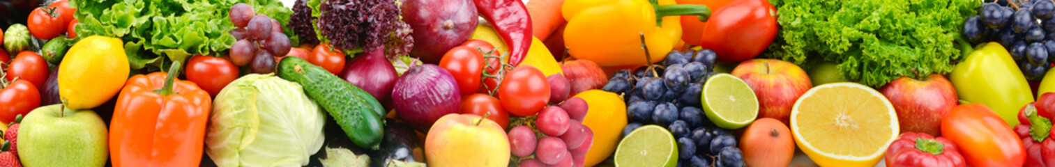 Naklejka na ściany i meble Panorama bright vegetables and fruits. Food background.