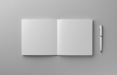 Blank photorealistic brochure with pen mockup on light grey background, 3d Illustration.