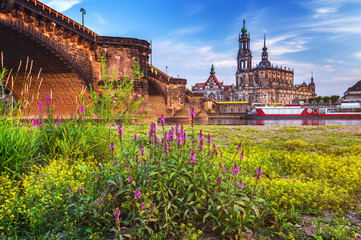 Scenic summer view of the Old Town architecture with Elbe river embankment in Dresden, Saxony,...
