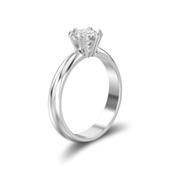 3D illustration isolated white gold or silver traditional solitaire engagement diamond ring with shadow