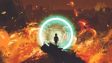 Rolgordijnen boy standing in front of a glowing blue ring and looking at the burning city, digital art style, illustration painting © grandfailure