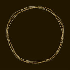 Round frame with different golden chains on a black background. Vector.