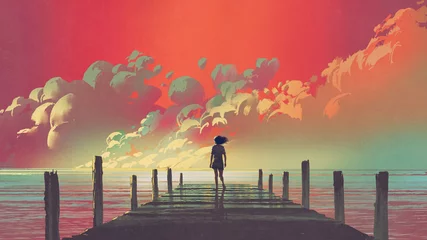 Selbstklebende Fototapete Seebrücke schöne Landschaft der Frau, die allein auf einem hölzernen Pier steht und bunte Wolken am Himmel betrachtet, digitaler Kunststil, Illustrationsmalerei