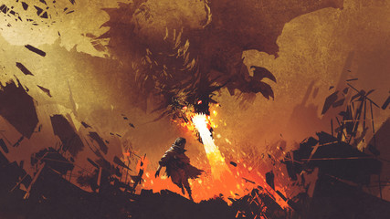 fantasy scene showing the young boy running away from the fire dragon, digital art style, illustration painting