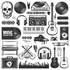 Set of vector music elements. Music icons for audio store, recording studio label, podcast and radio station. Set of badges and logos of music. The collection of symbols and emblems for printing.