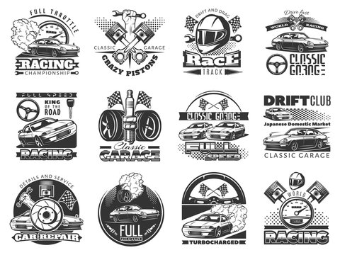 set of car racing black monochrome emblems, labels, logos and championship race badges with descriptions of classic garage, drift club, world racing. isolated vector illustration