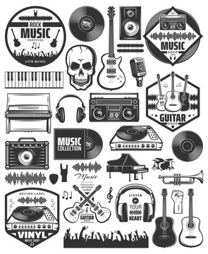 Set of vector music elements. icons for audio store, recording studio label. Set of badges and logos of rock music and rap, classical, electronic music and disco. symbols and emblems.